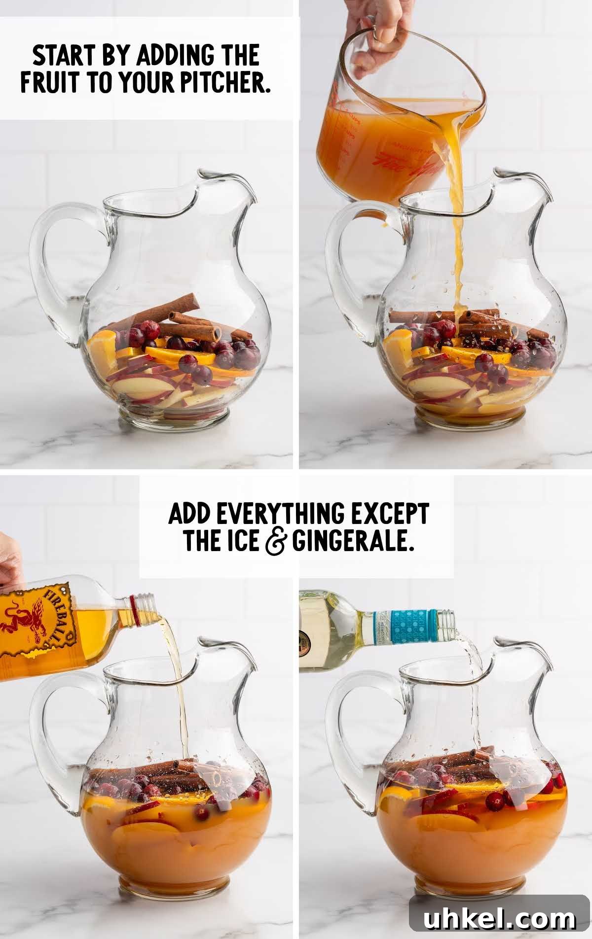5-Minute Fireball Sangria Recipe for Quick Party Drinks 6 Step-by-step images showing how to make Fireball Sangria in a clear glass pitcher: sliced apples, oranges, cranberries, and cinnamon sticks added first, followed by apple cider being poured in, then Fireball whiskey, and finally white wine. Text overlays read “Start by adding the fruit to your pitcher” and “Add everything except the ice and ginger ale.