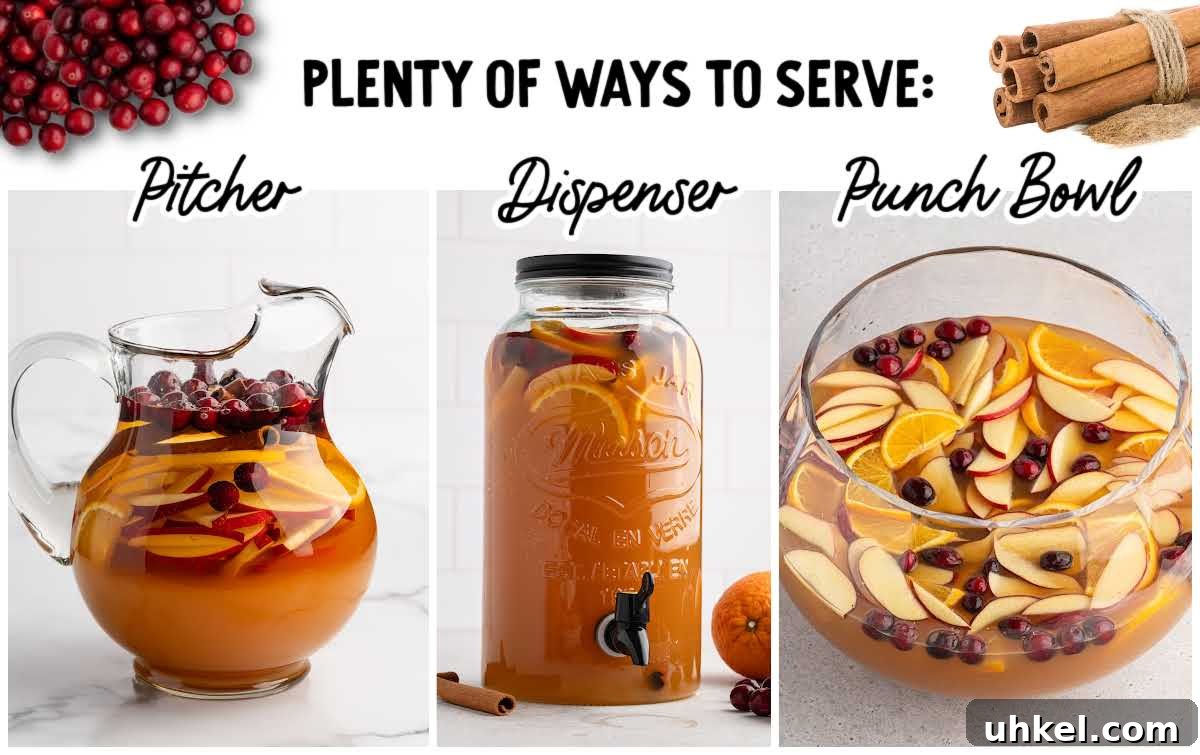 5-Minute Fireball Sangria Recipe for Quick Party Drinks 7 Three ways to serve Fireball apple cider sangria shown in a pitcher, drink dispenser, and punch bowl filled with apples, oranges, and cranberries.