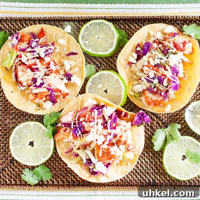 Lobster Tacos with Chili Lime Slaw and Avocado Cream Drizzle