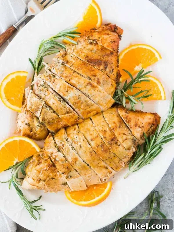 roast turkey breast on a platter with rosemary and oranges