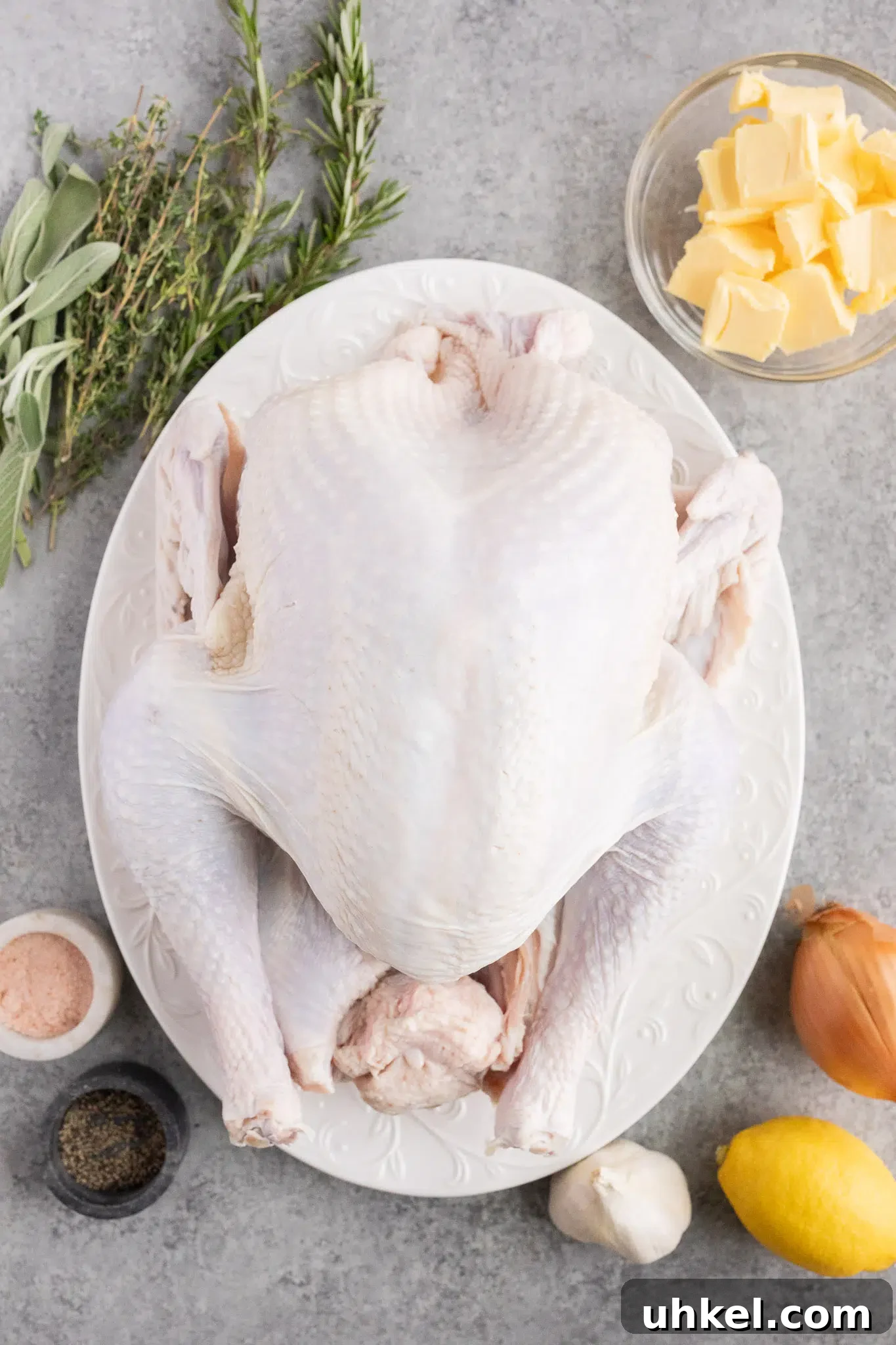 turkey and lemon, onion, garlic, butter and fresh herbs