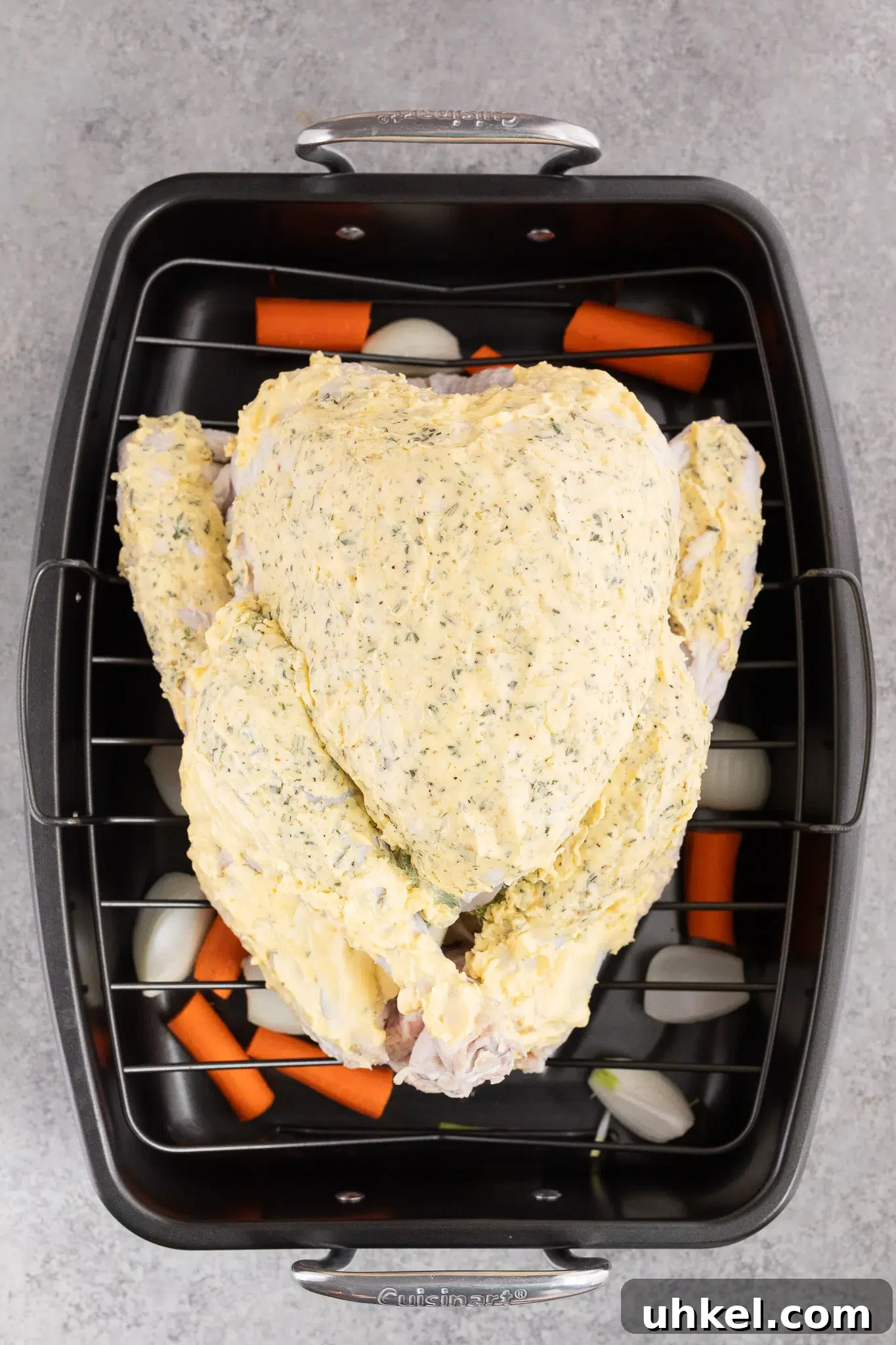 turkey on a roasting rack in a roasting pan