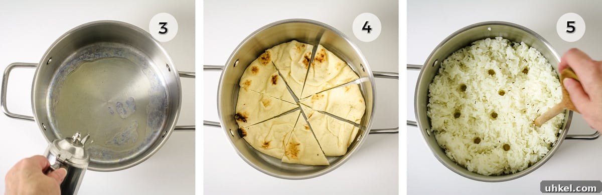 Crispy Tahdig with Naan Crust — Pan-Fried Persian Rice 5 Three photos of pot with different steps to making rice pilaf.