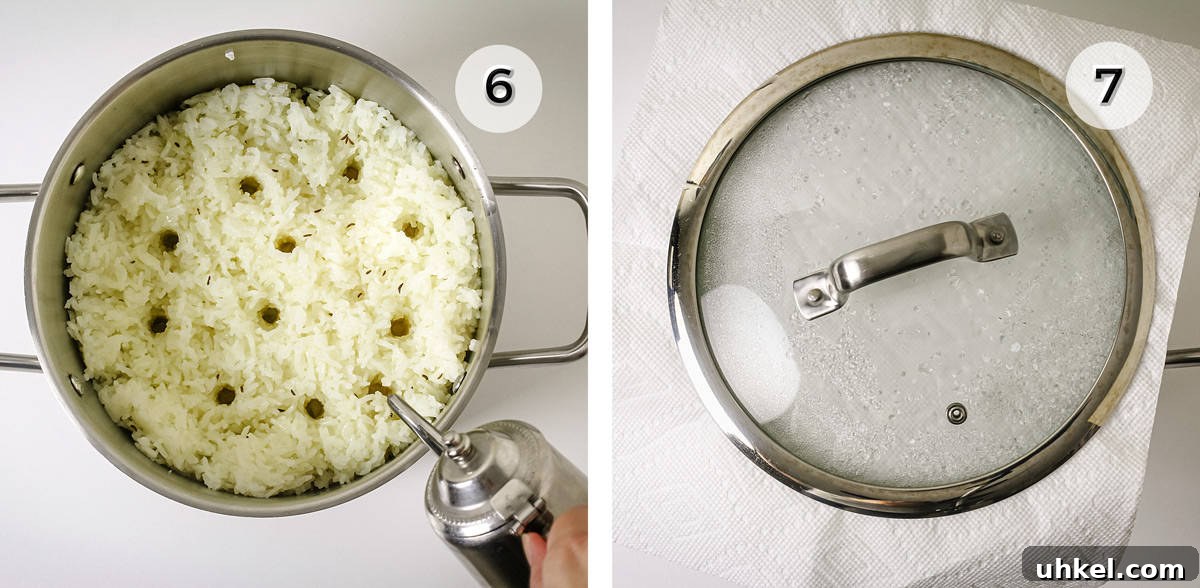 Crispy Tahdig with Naan Crust — Pan-Fried Persian Rice 6 Two photos of a pot with rice and the pot covered with a lid.