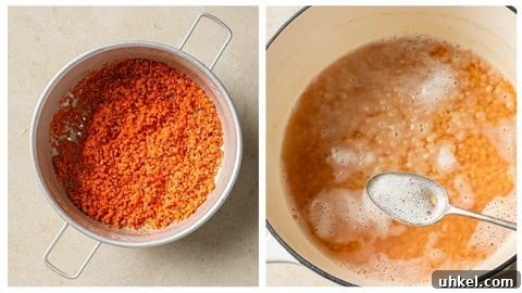 Authentic Masoor Dal (Red Lentil) Recipe for Perfect Flavor 23 Drained raw masoor dal and removing scum from cooking red lentils.