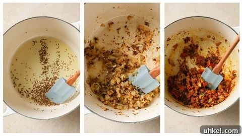 Authentic Masoor Dal (Red Lentil) Recipe for Perfect Flavor 24 Frying cumin seeds in oil in a Dutch oven, browning onions in a Dutch Oven and adding tomatoes to browned onions..