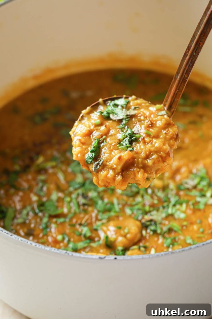Authentic Masoor Dal (Red Lentil) Recipe for Perfect Flavor 4 Scooping up Masoor Dal from a pot.
