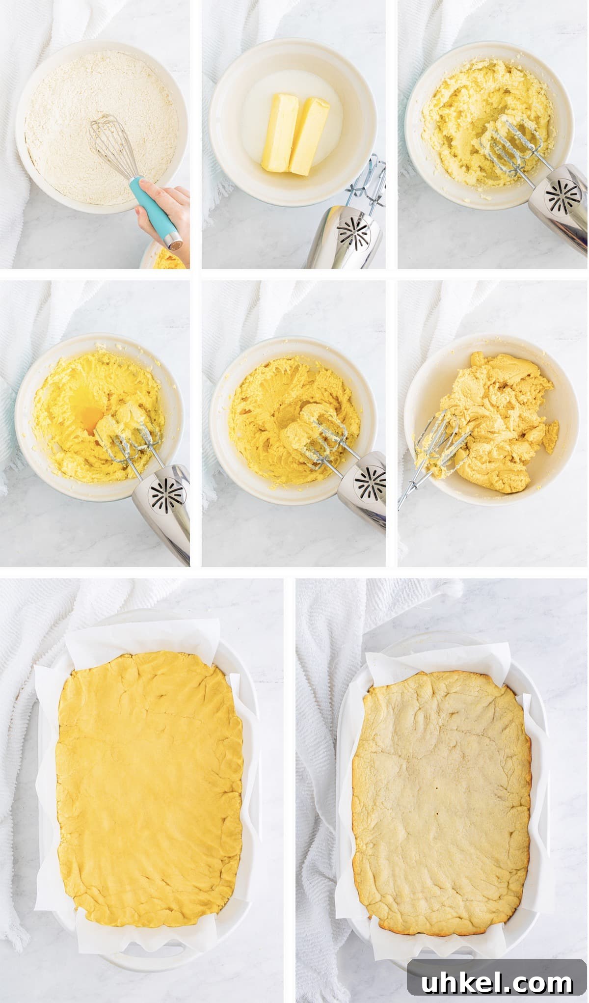 Chewy Frosted Sugar Cookie Bars: Simple Homemade Recipe 5 Overhead collage of images showing how to make the dough and bake off the cookie for frosted sugar cookie bars