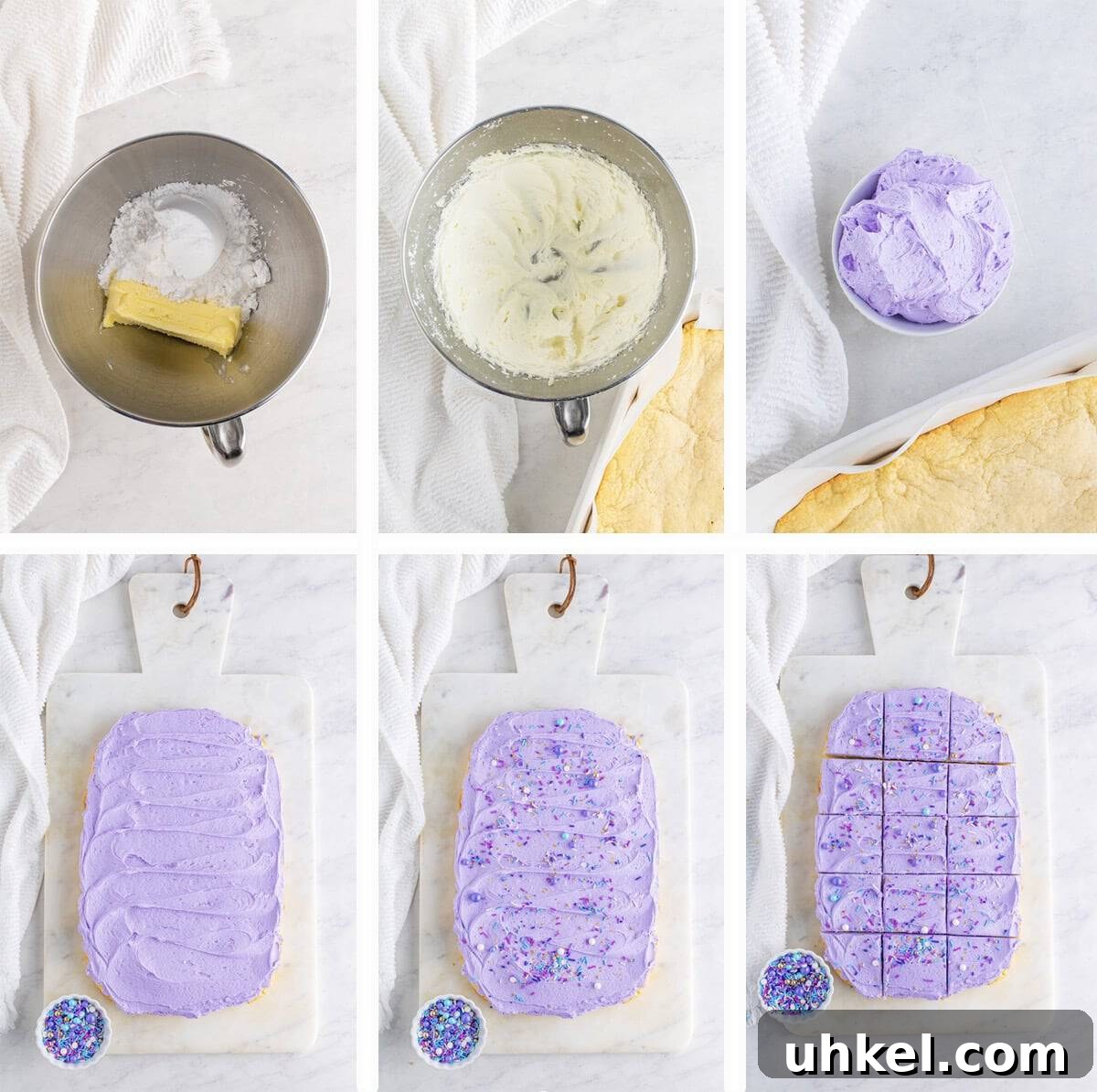 Chewy Frosted Sugar Cookie Bars: Simple Homemade Recipe 6 Overhead collage of images showing how to make the frosting and final steps of frosted sugar cookie bars