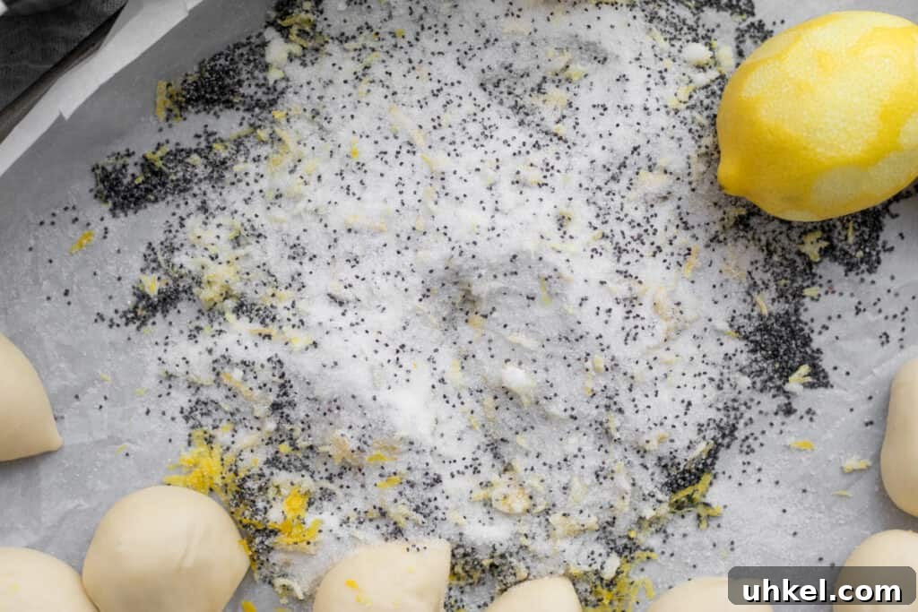 Lemon Poppy Seed Monkey Bread Recipe — Light Citrus Pull‑Apart Bread 6 lemon sugar with poppy seeds on a sheet pan