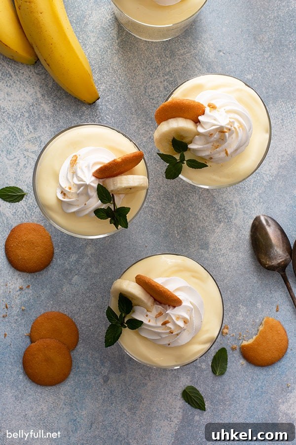 Homemade Banana Pudding Recipe with Creamy Vanilla Custard 4 overhead of 3 parfait glasses filled with pudding and topped with whipped cream
