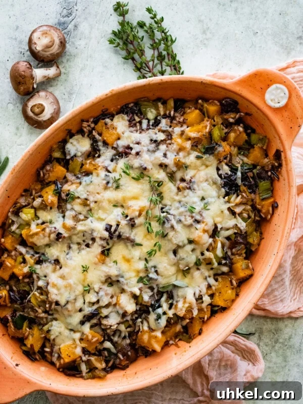 Sausage and Chestnut Ciabatta Stuffing Recipe for Holiday Tables 17 Vegetarian butternut squash casserole in an oblong baking dish.