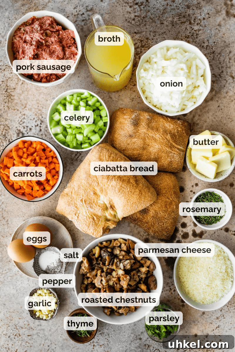 Sausage and Chestnut Ciabatta Stuffing Recipe for Holiday Tables 6 Recipe ingredients for ciabatta stuffing with sausage and chestnuts recipe.
