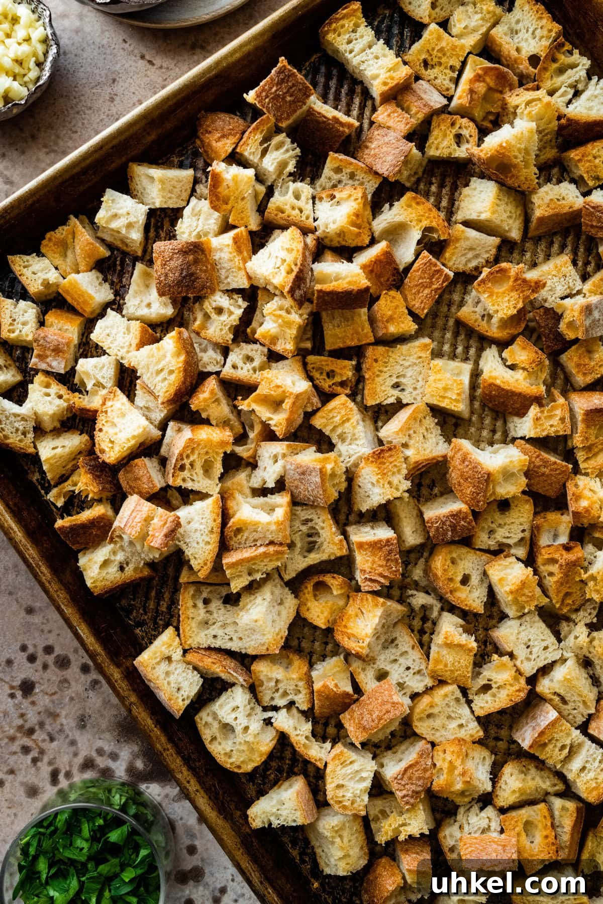 Sausage and Chestnut Ciabatta Stuffing Recipe for Holiday Tables 7 How to make ciabatta bread stuffing - toasting the cubed ciabatta bread.
