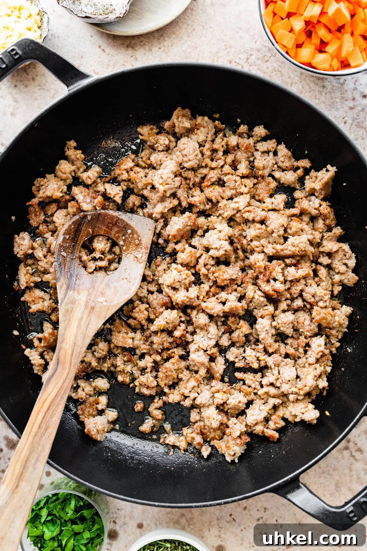 Sausage and Chestnut Ciabatta Stuffing Recipe for Holiday Tables 8 How to make ciabatta bread stuffing - browning the sausage.