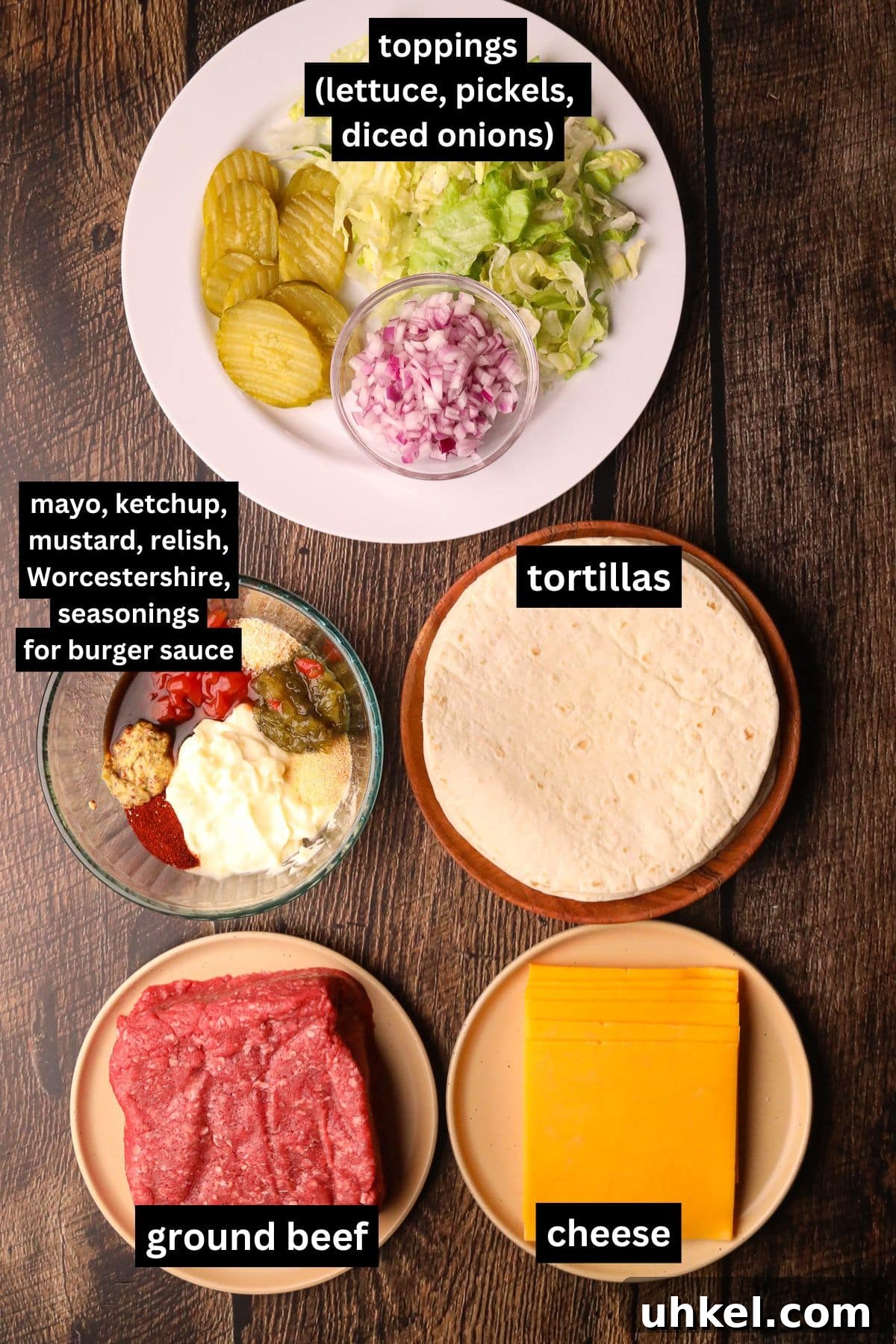Smash Burger Tacos Recipe: Crispy Smashed Beef Tacos with Cheese 3 Ingredients for making smashburger tacos arranged on a wooden surface.