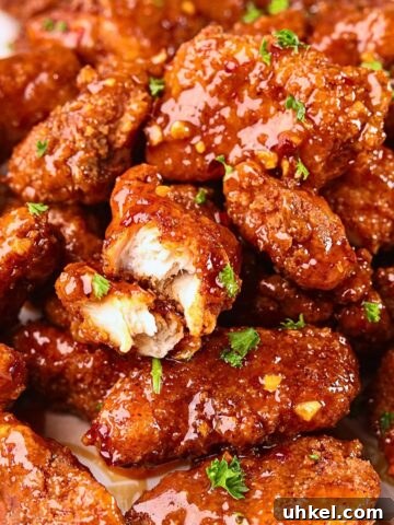Crispy hot honey, garlic chicken bites on a plate.