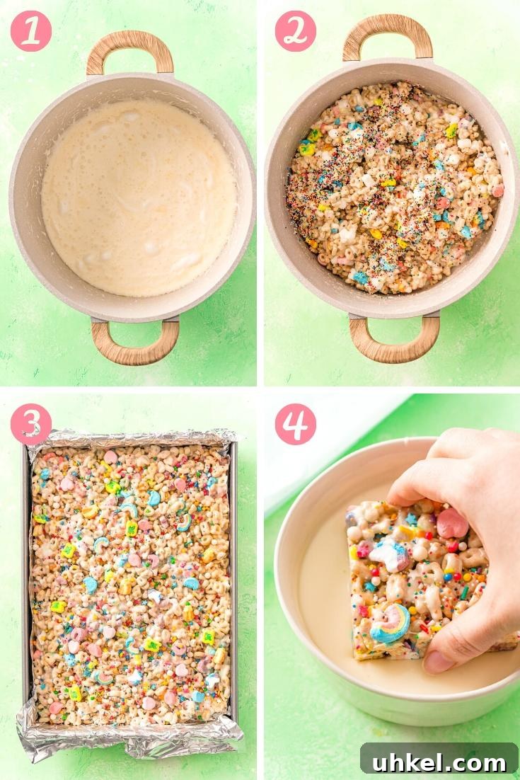 Step-by-step photo collage showing how to make lucky charms treats.