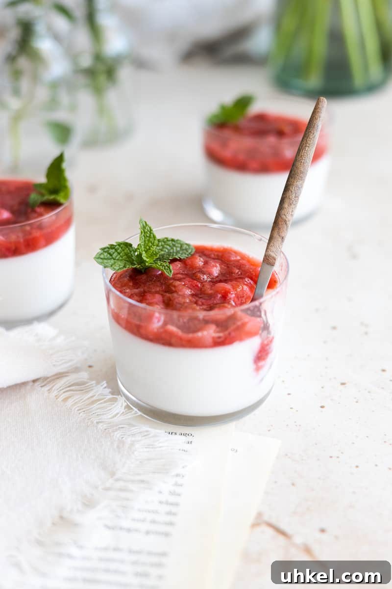 Strawberry Rhubarb Compote Panna Cotta (Dairy-Free) 2 Panna cotta in a glass cup with strawberry rhubarb compote on top and a mint sprig garnish. A spoon is set in the glass to take a scoop.