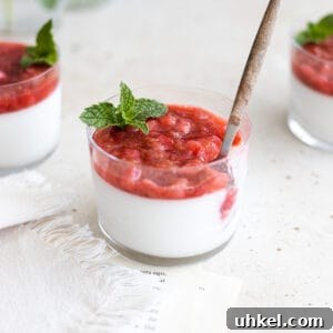 Strawberry Rhubarb Compote Panna Cotta (Dairy-Free) 8 Panna cotta topped with berries in a small glass with a wooden spoon and mint sprig.