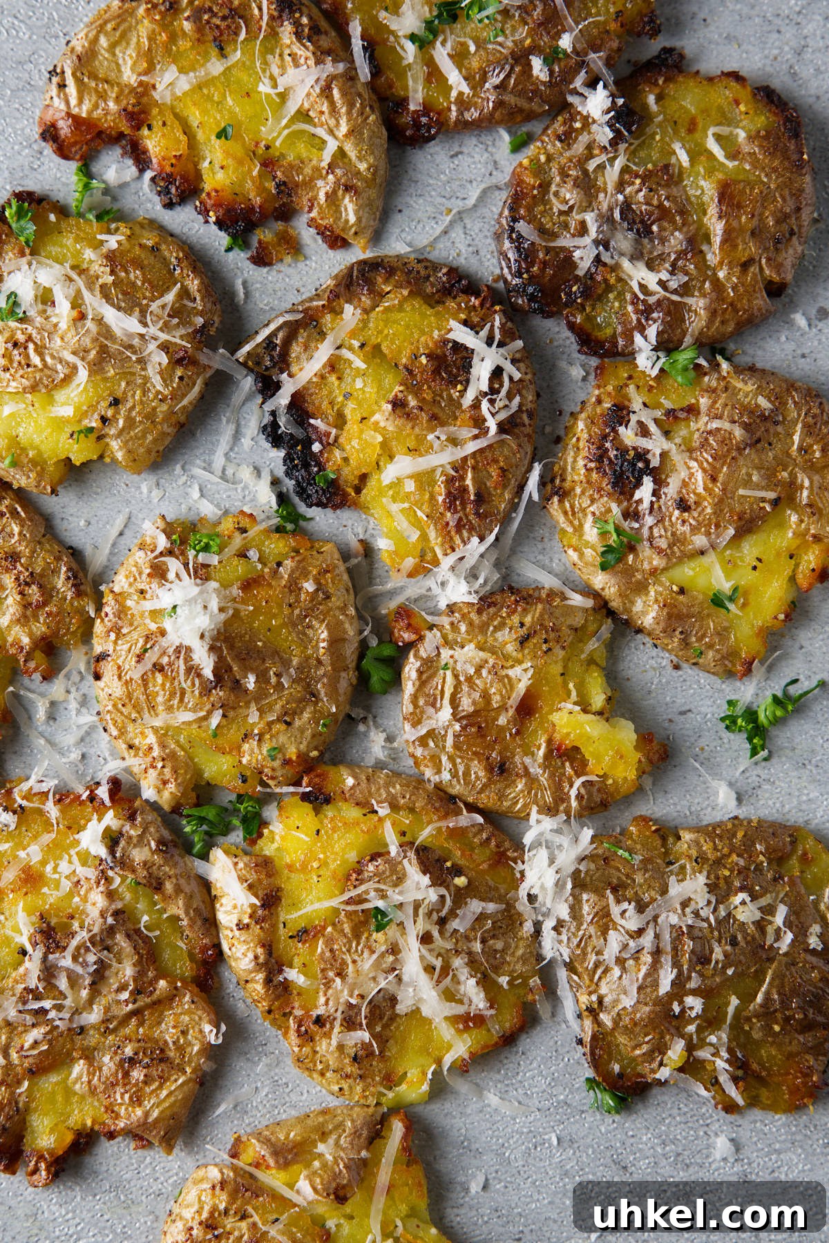 air fryer smashed potatoes laying on the counter