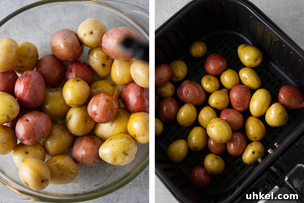 whole baby potatoes in bowl on one side and in air fryer basket in other side