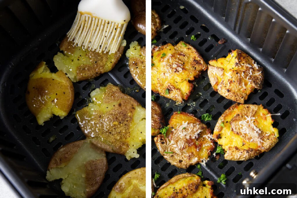 air fryer smashed potatoes being basted and cooked until crispy