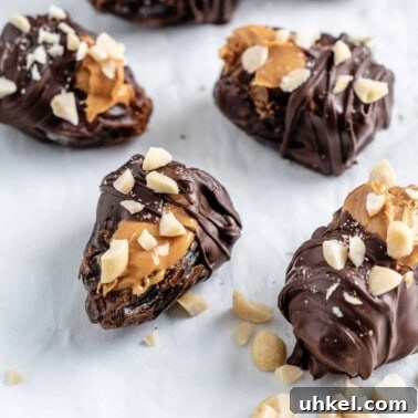 Vegan No-Bake Chocolate Peanut Butter Krispie Balls 11 four completed peanut butter stuffed dates on a white surface