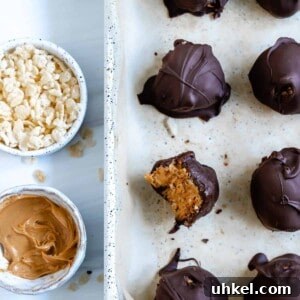 Vegan No-Bake Chocolate Peanut Butter Krispie Balls 14 several completed Peanut Butter Bon Bons with one with a bite taken out of it