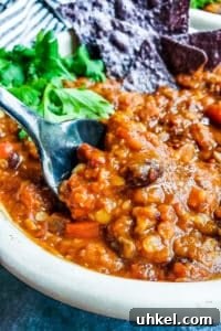 Bowl of vegetarian chili. Vegetarian chili in a white bowl with black spoon dipping in.