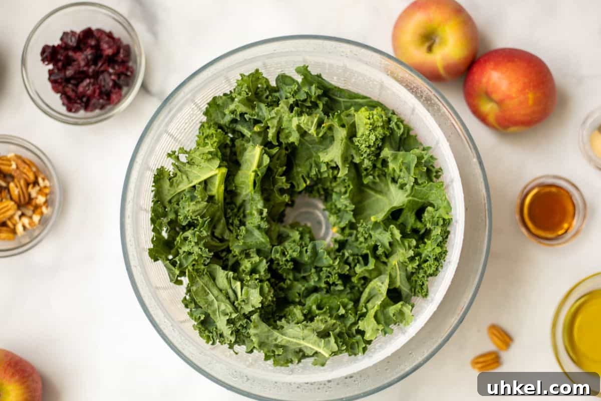 Healthy Kale Salad Torn kale leaves in salad spinner next to ingredients for dressing.