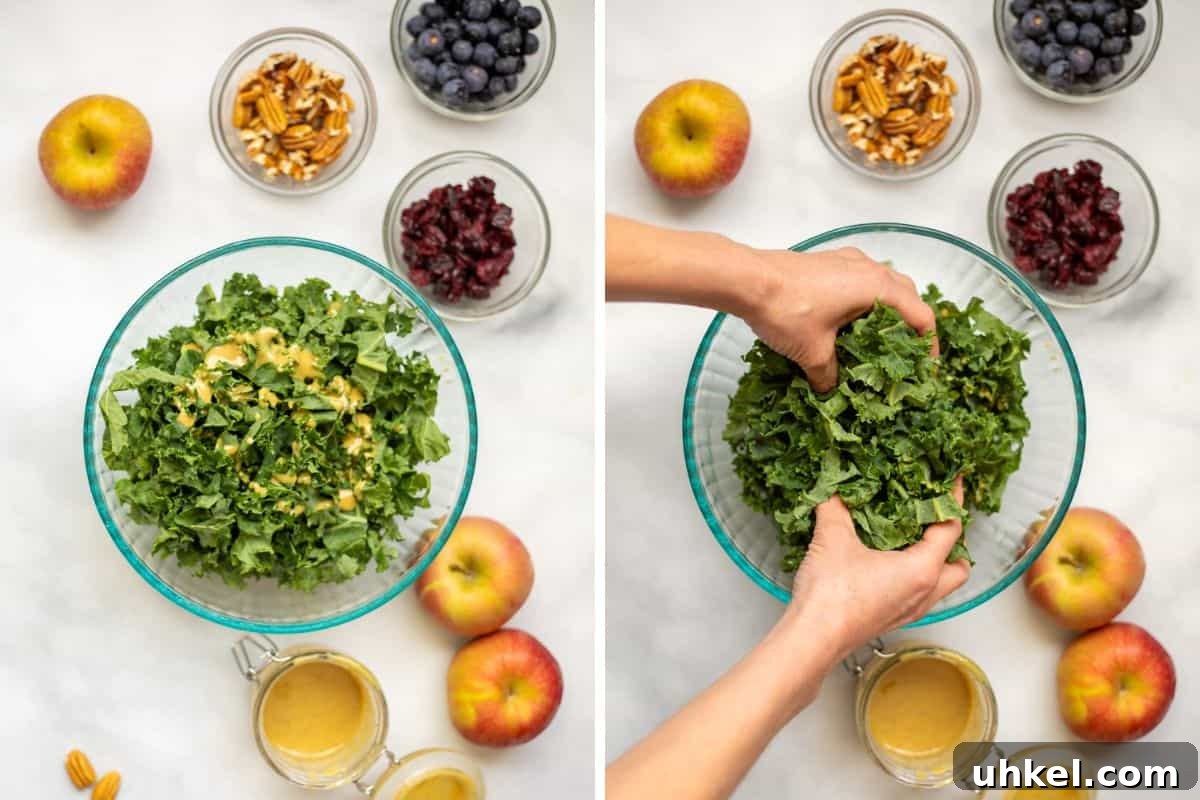 Kale Salad Recipe Side by side photo showing kale salad with maple dressing before and while massaging the dressing into the greens.
