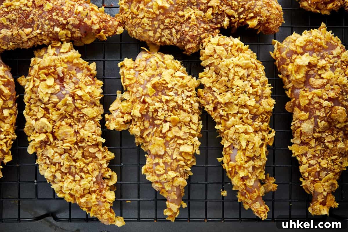 Unbaked cornflake chicken tenders on a wire rack over a baking sheet.