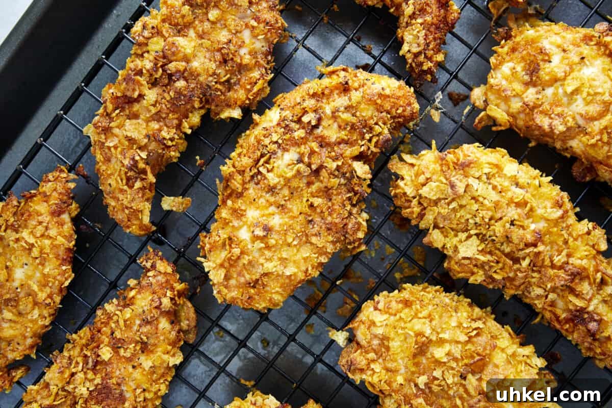 Baked cornflake chicken tenders on a wire rack.