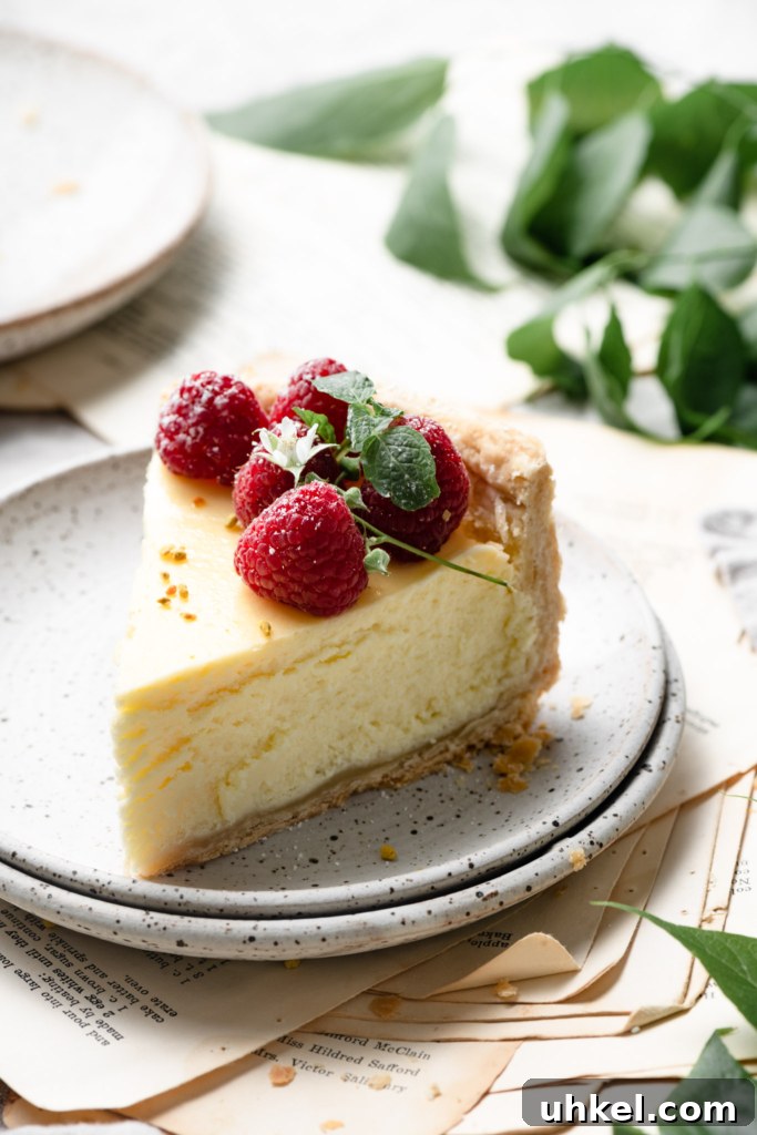 Lemon Curd Cheesecake Recipe with Zesty Citrus Topping 2 Slice of lemon cheesecake topped with fresh raspberries on a plate.