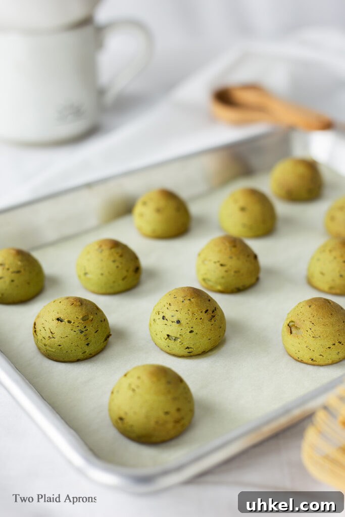 Tray of the matcha mochi breads after baking.