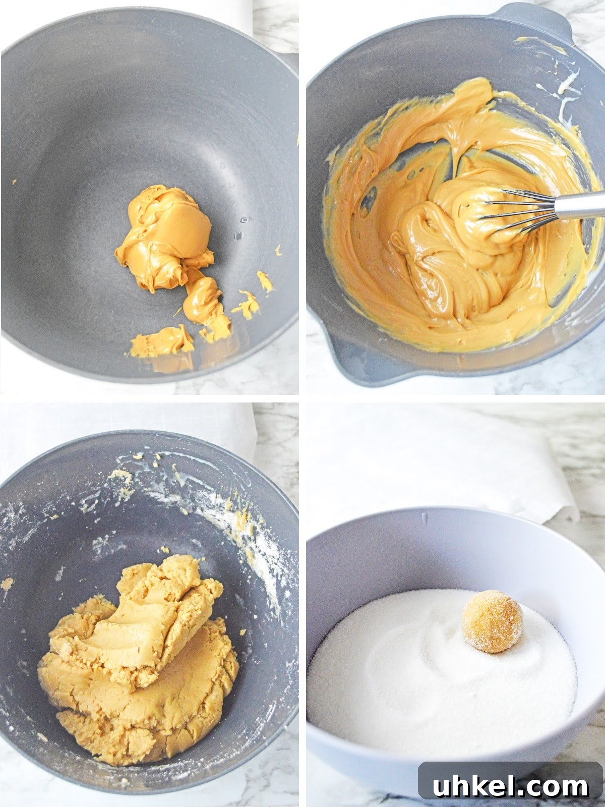 Peanut Butter Blossom Cookies for a Valentine’s Day Treat 4 bisquick peanut butter blossom cookie dough steps collage