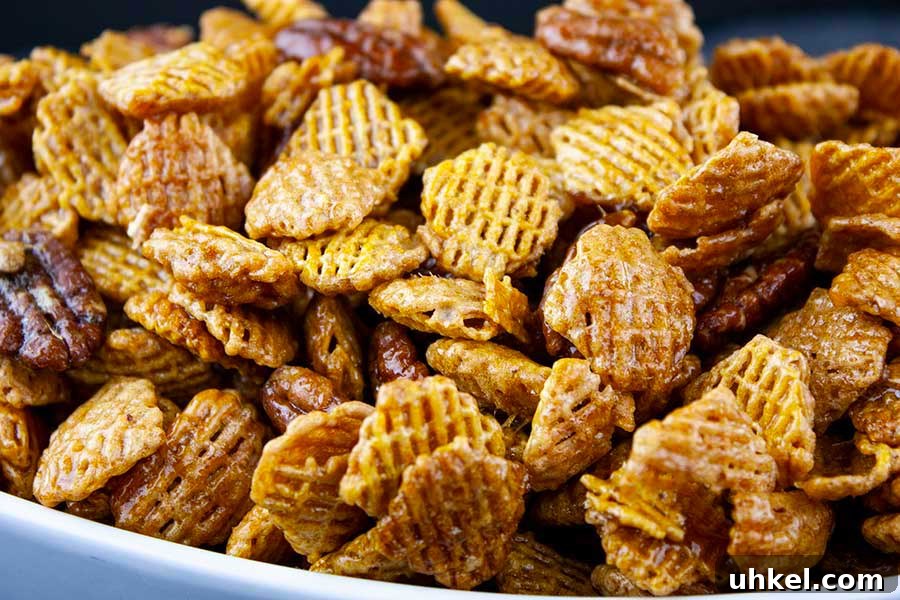 Tangy Dill Pickle Chex Mix Snack Recipe for Parties 10 Praline Crunch Snack Mix in a white bowl.