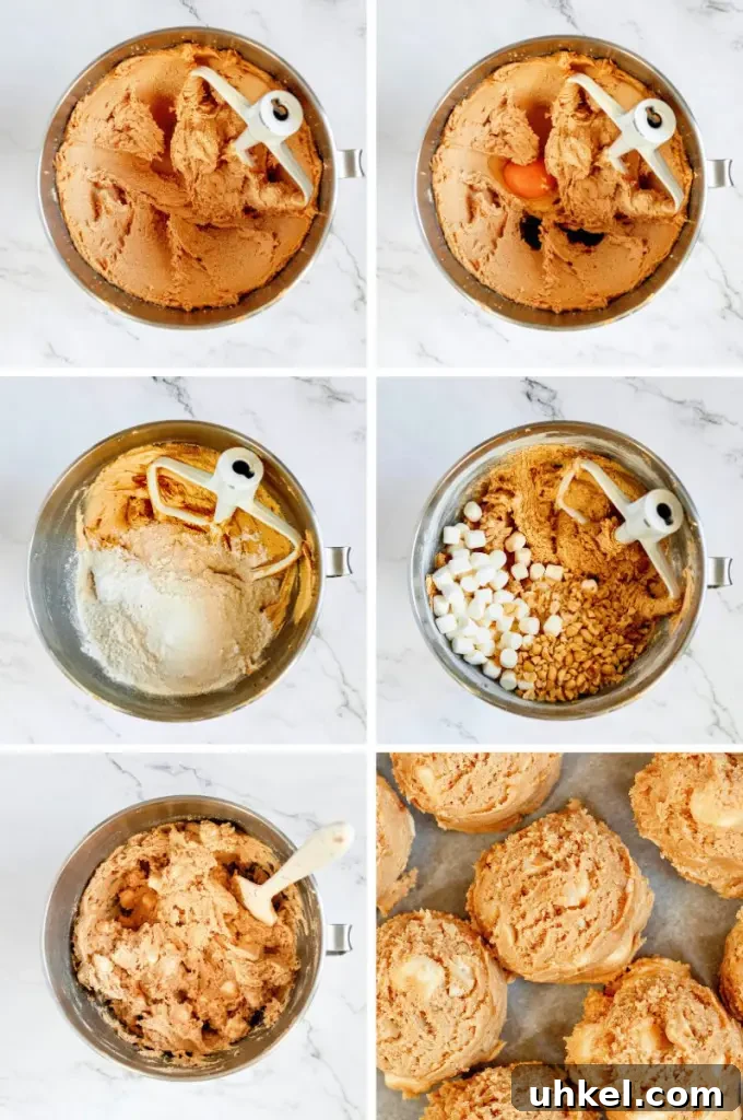 Golden brown fluffernutter cookies made with peanut butter, white mini marshmallows and salted peanuts.