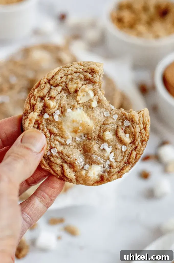 Golden brown fluffernutter cookies made with peanut butter, white mini marshmallows and salted peanuts.