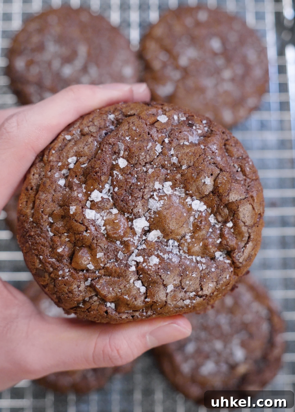 Close-up of a thick brownie cookie held in hand, showing a shiny crackled top finished with flaky sea salt and a dense, fudgy chocolate texture.