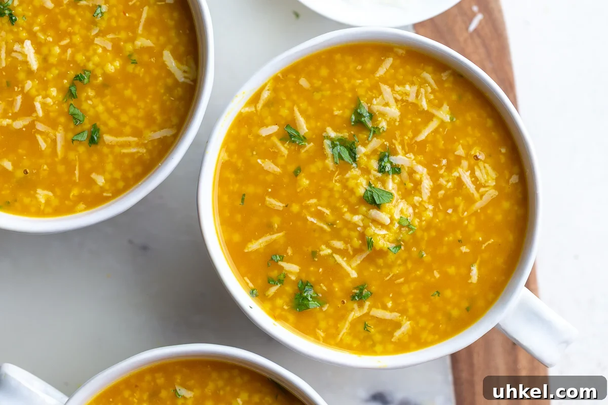 italian penicillin soup in soup bowls topped with chopped parsley and shredded parmesan cheese