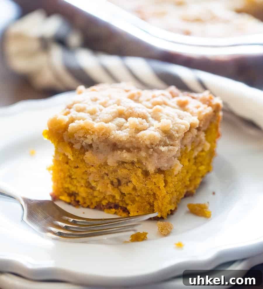 Moist Pumpkin Coffee Cake Recipe for Fall Gatherings 8 Piece of Pumpkin Coffee Cake with Fork