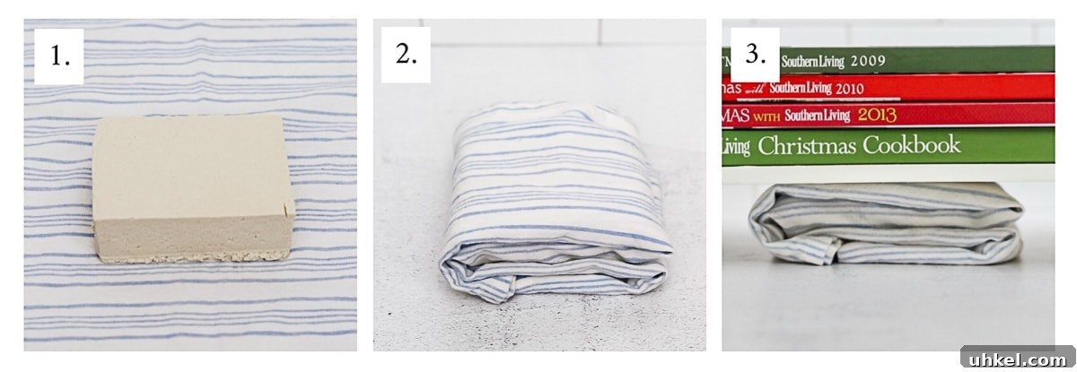 How to Make Tofu at Home: Step-by-Step Guide for Beginners 3 Set of 3 pictures with tofu process shots. One is a plain block of tofu, the second is tofu block wrapped in a blue and white dish towel, the third is the block of tofu wrapped in the towel with a stack of books on top.