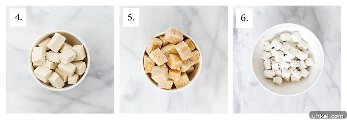 How to Make Tofu at Home: Step-by-Step Guide for Beginners 4 Set of 3 pictures with steps of cut tofu, frozen tofu, and tofu coated in cornstarch.