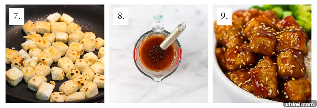 How to Make Tofu at Home: Step-by-Step Guide for Beginners 5 Steps 7-9 of tofu process shots. The first is the tofu cooking in a pan, the second is sauce in a measuring cup, the final picture is the finished tofu.