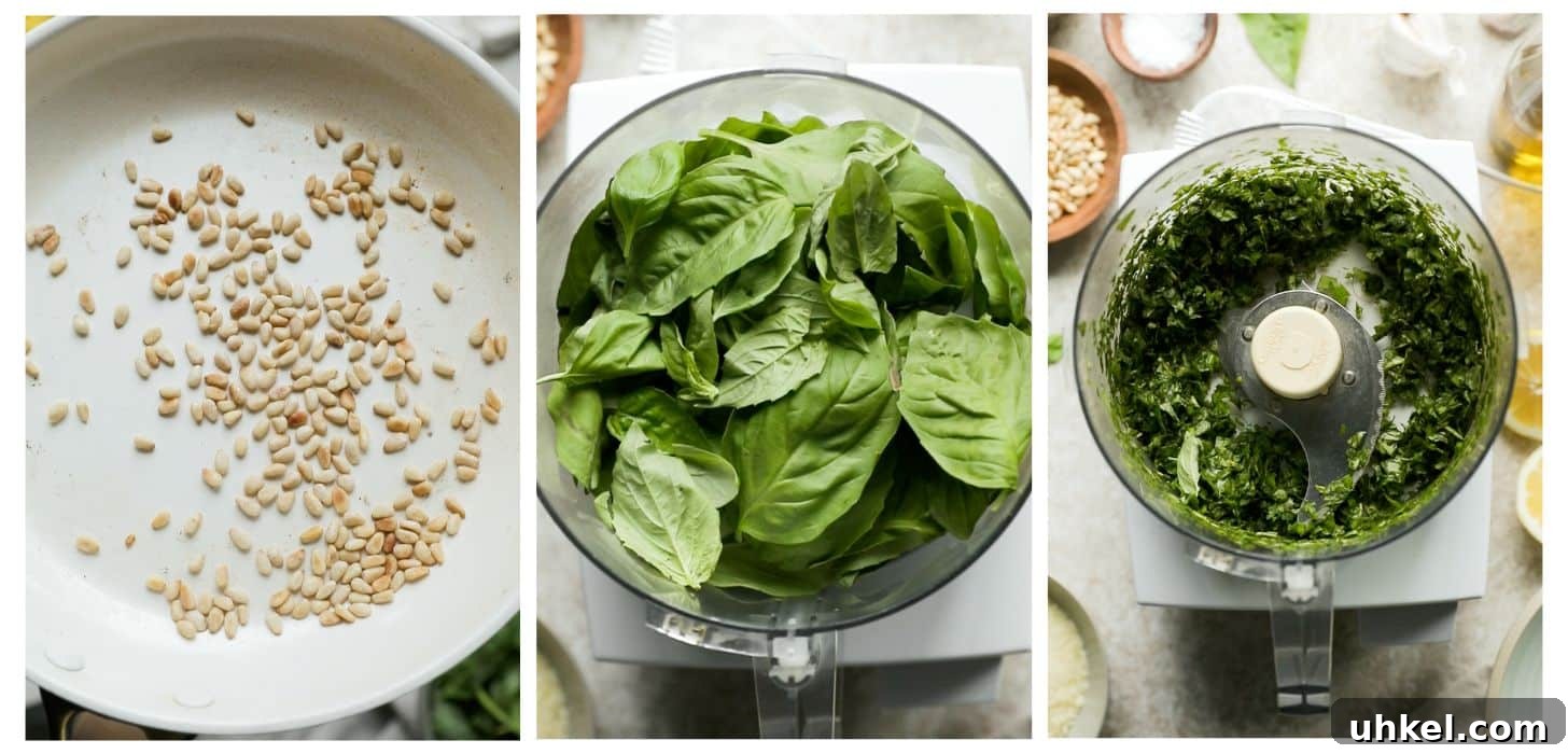 Lemon Basil Pesto Recipe — Bright Sauce for Pasta & Sandwiches 4 Three prep photos; photo 1 has a white pan with toasted pine nuts. In photo 2, a food processor is filled with basil on a beige counter. In photo 3, a food processor with blended basil sits on a beige counter next to wood bowls of salt and pine nuts.