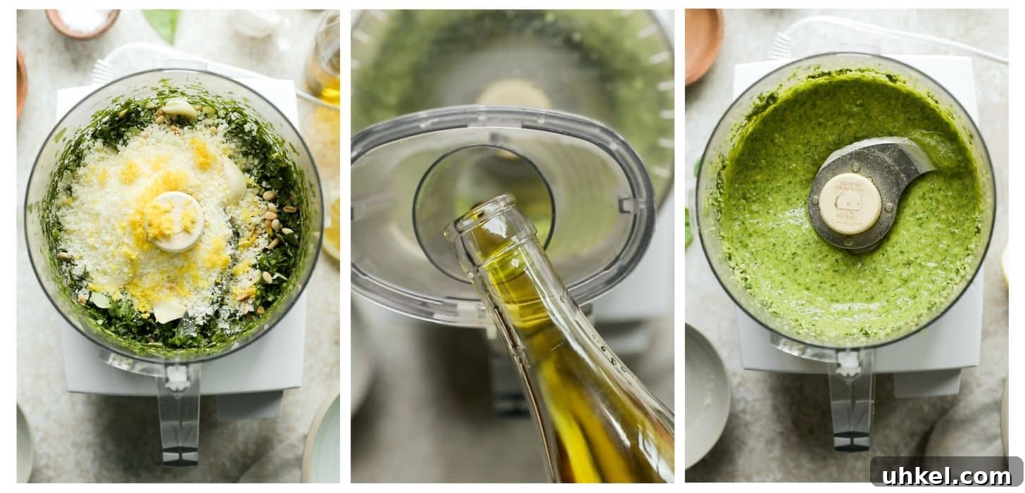 Lemon Basil Pesto Recipe — Bright Sauce for Pasta & Sandwiches 5 Three prep photos; in photo 1, a food processor with basil, garlic, pine nuts, parmesan, and lemon zest is on a beige counter next to wood bowls. In photo 2, olive oil is being poured into the food processor. In photo 3, green sauce in a food processor bowl on a beige counter.