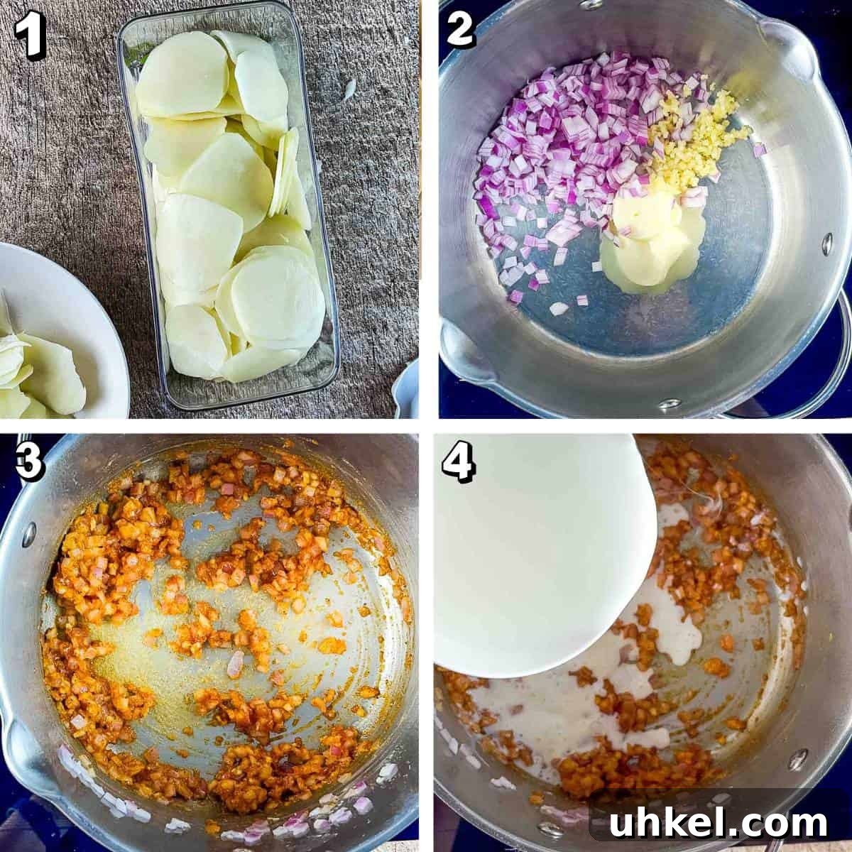 Crispy Cheesy Scalloped Potatoes Made in the Air Fryer 4 Collage showing the steps for air fryer scalloped potatoes: Slicing potatoes thinly with a mandolin, melting butter in a saucepan with onion and garlic, then adding flour, spices, and gradually whisking in milk to form a creamy sauce.