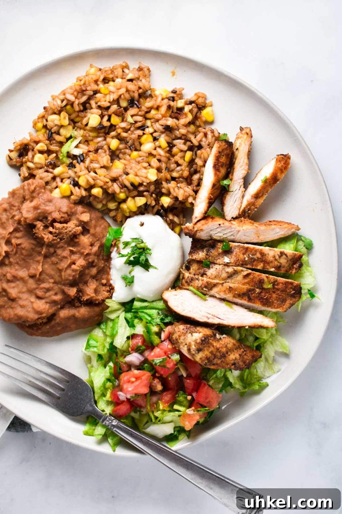 Juicy Mexican-Style Grilled Chicken with Zesty Marinade 9 Sliced grilled chicken next to refried beans and Mexican rice.